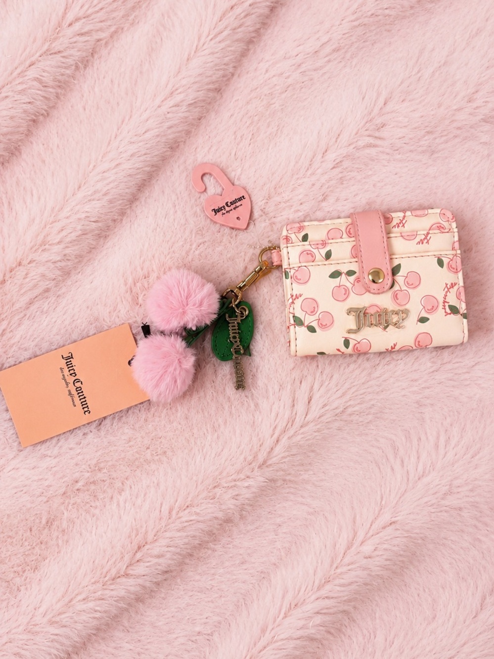 Juicy Couture Pink Cherry Print Mini Wallet with Pom Keychain